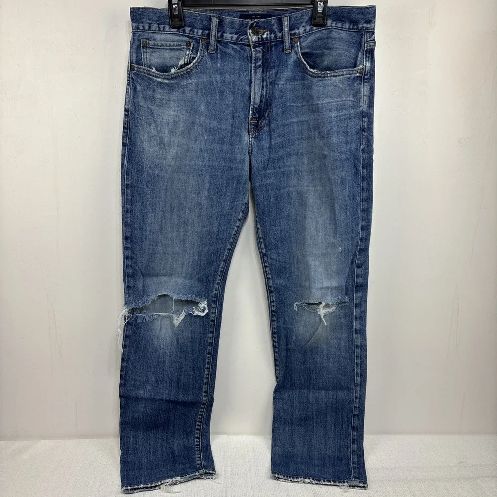Lucky Brand 121 Slim‎ Men's Jeans Size 34x30 Blue Medium Wash Distressed Look
